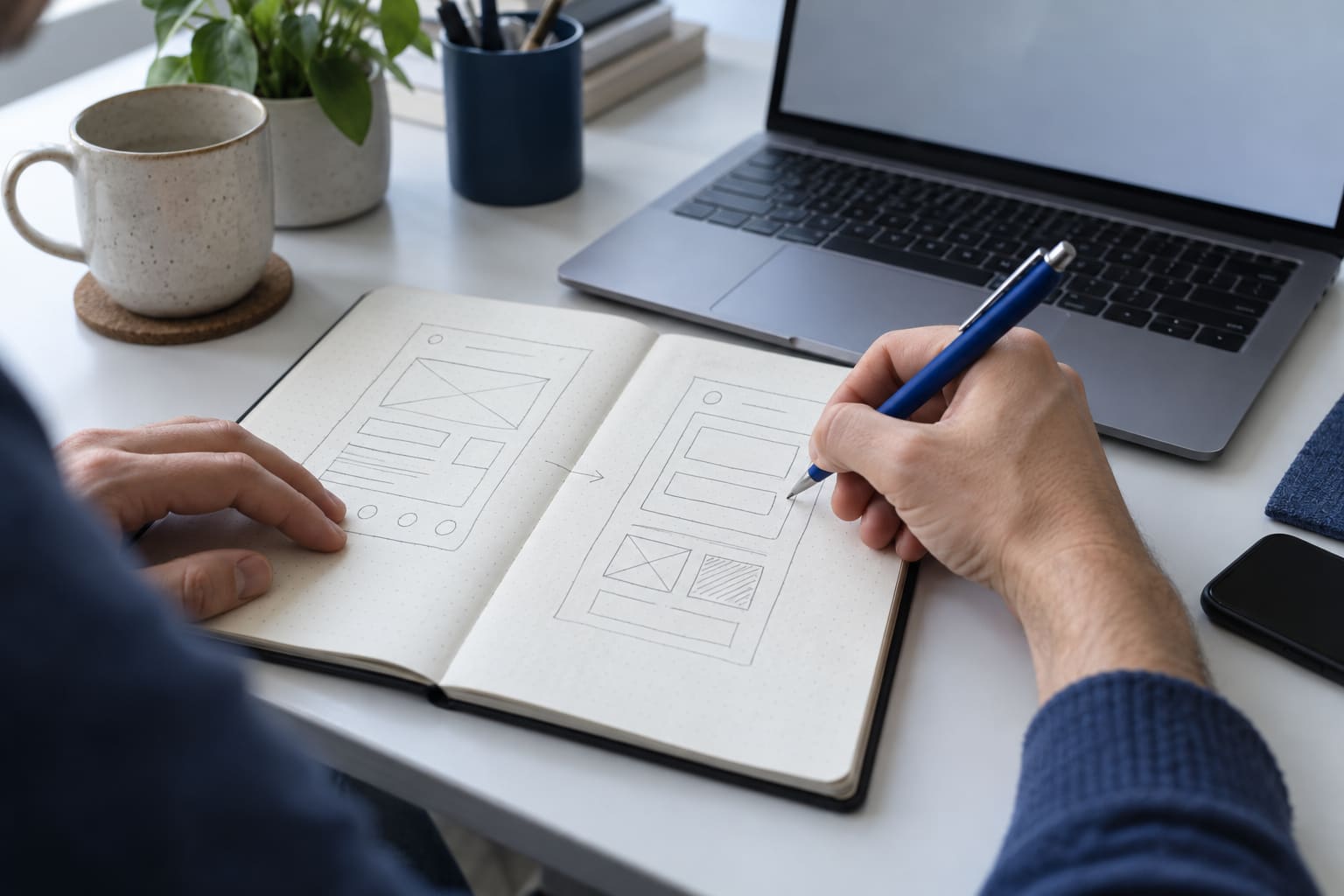 A hand sketch of an app on paper