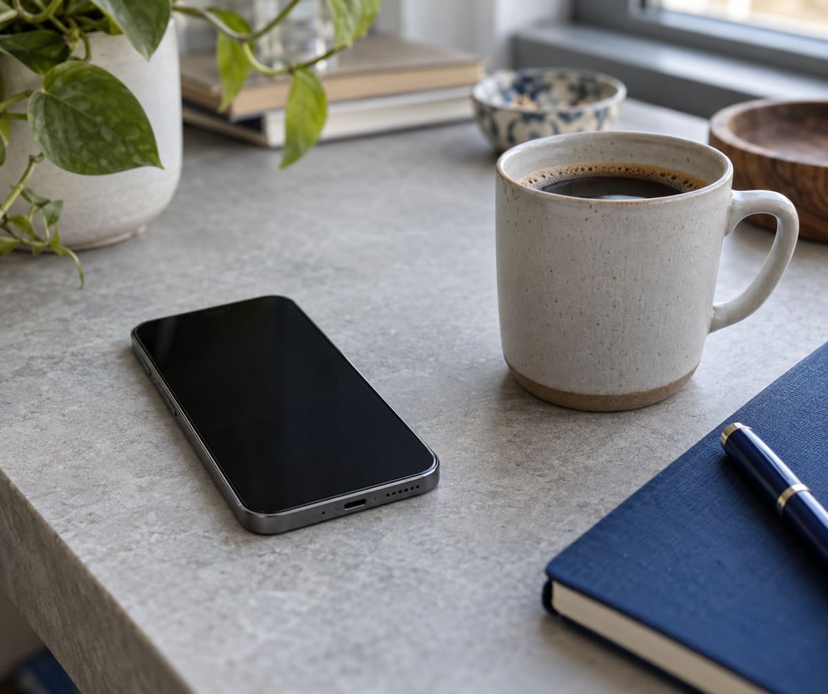 A phone, a mug of coffee and a notebook on a desk by a window